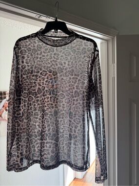Sheer Leopard Print Long Sleeve Top - Black/Brown